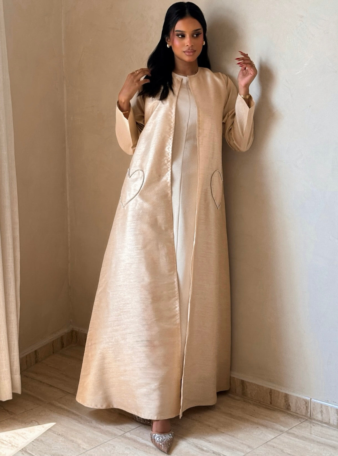 MEI725 - Beige A-Cut Taffeta & Crystals Abaya with Headscarf