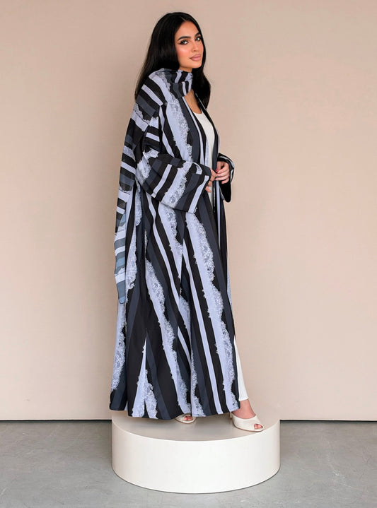 MEI782 - Stripes & Lace Print Half Bisht Abaya with Matching Headscarf