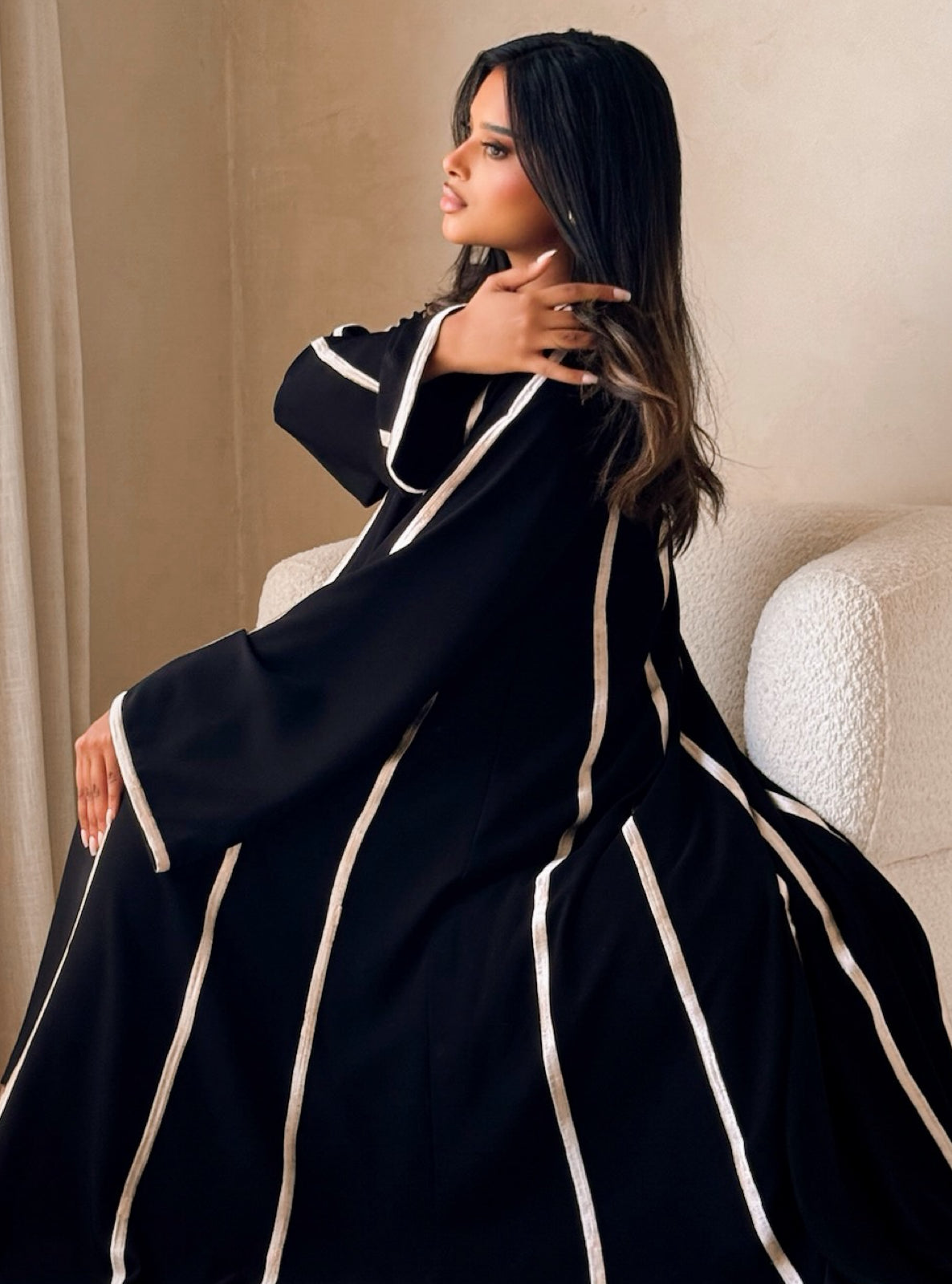 MEI735 - Black A-Cut Abaya with Cream Embroidery & Matching Headscarf