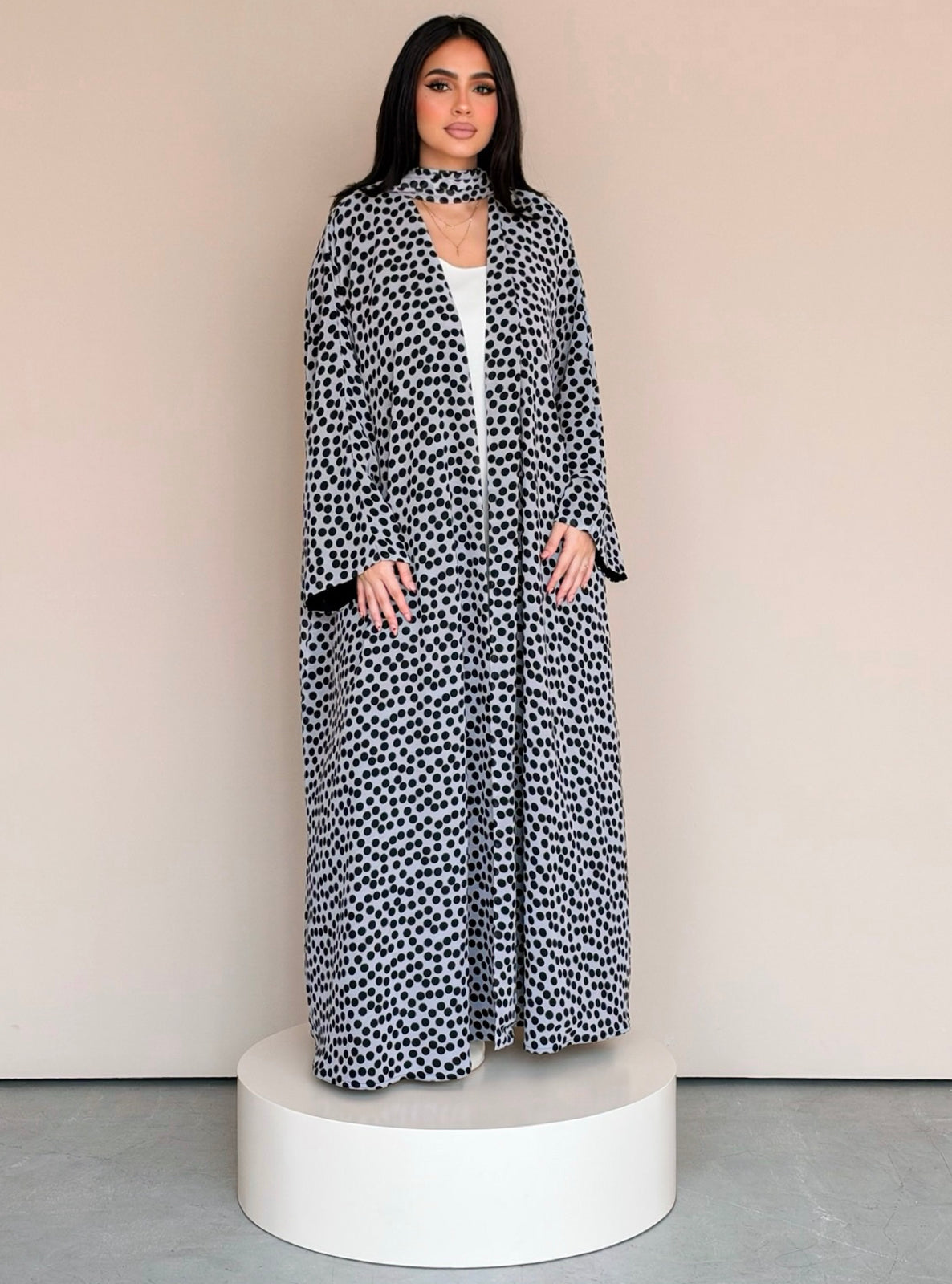 MEI780 - Polka Dots Half Bisht Abaya with Matching Headscarf