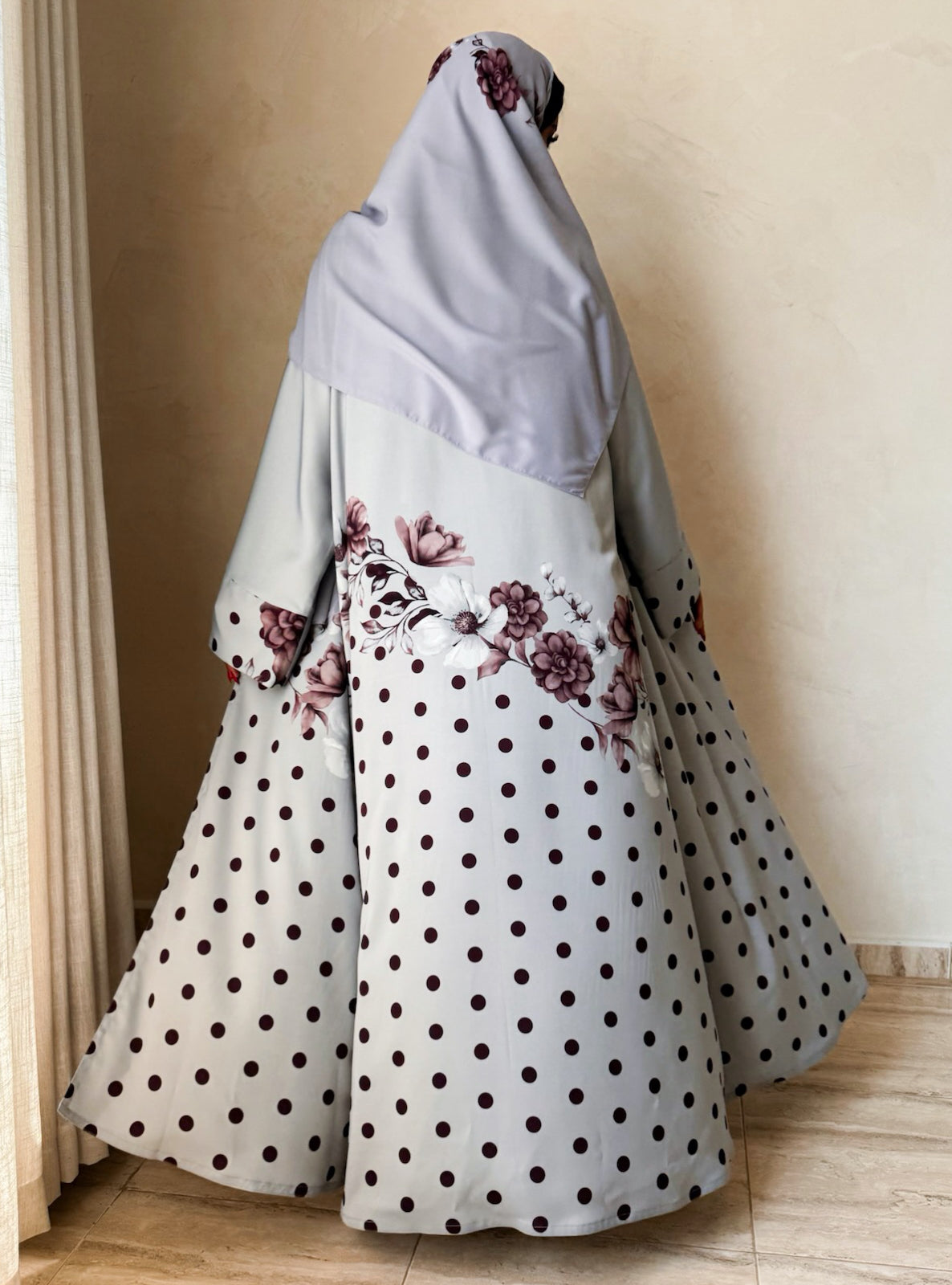 MEI741 - Grey Half Bisht Polka Floral Abaya with Matching Headscarf