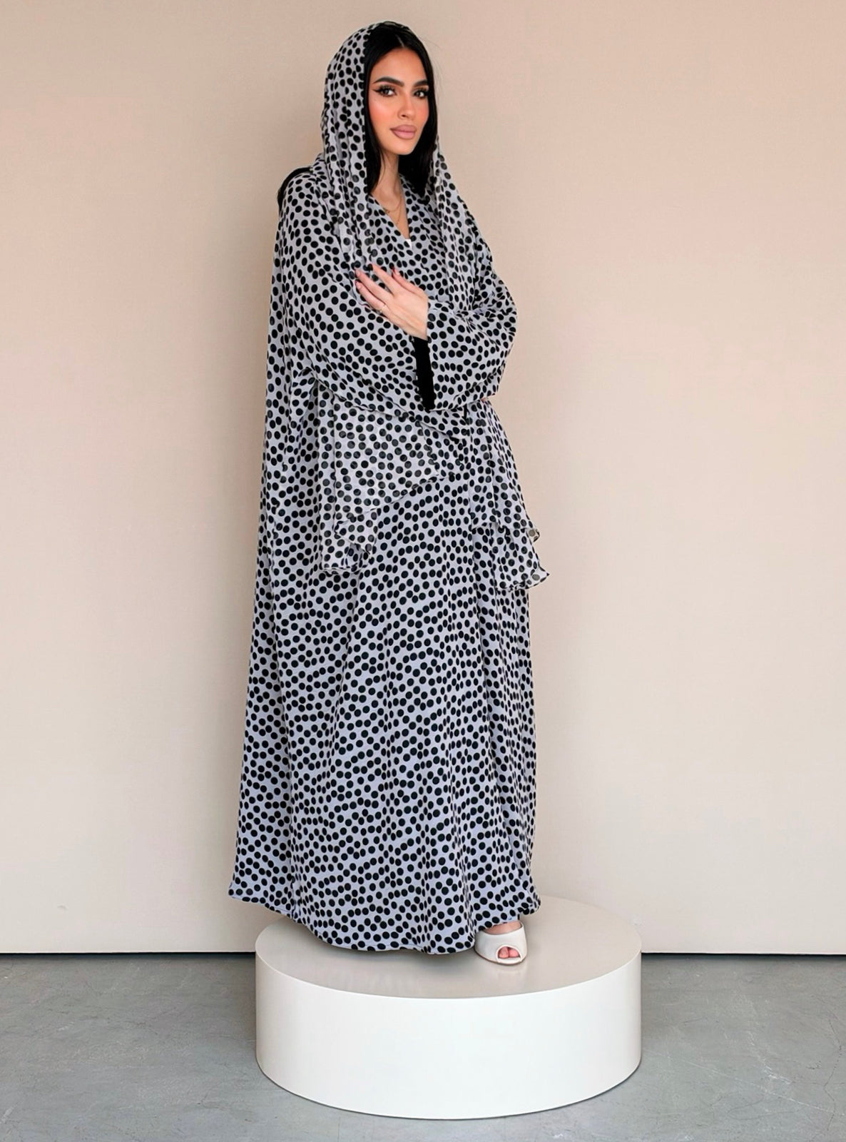 MEI780 - Polka Dots Half Bisht Abaya with Matching Headscarf