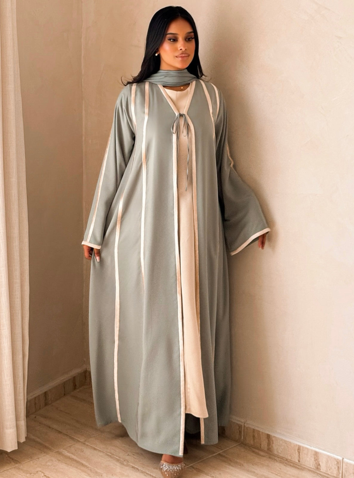 MEI738 - Light Turquoise A-Cut Abaya with Cream Embroidery & Matching Headscarf