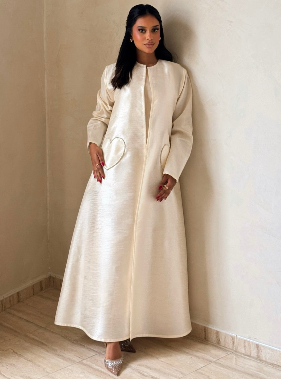 MEI729 - Off White A-Cut Taffeta & Crystals Abaya with Headscarf