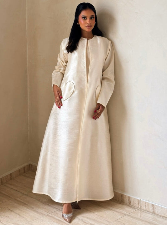 MEI728 - Off White A-Cut Taffeta & Crystals Abaya with Headscarf