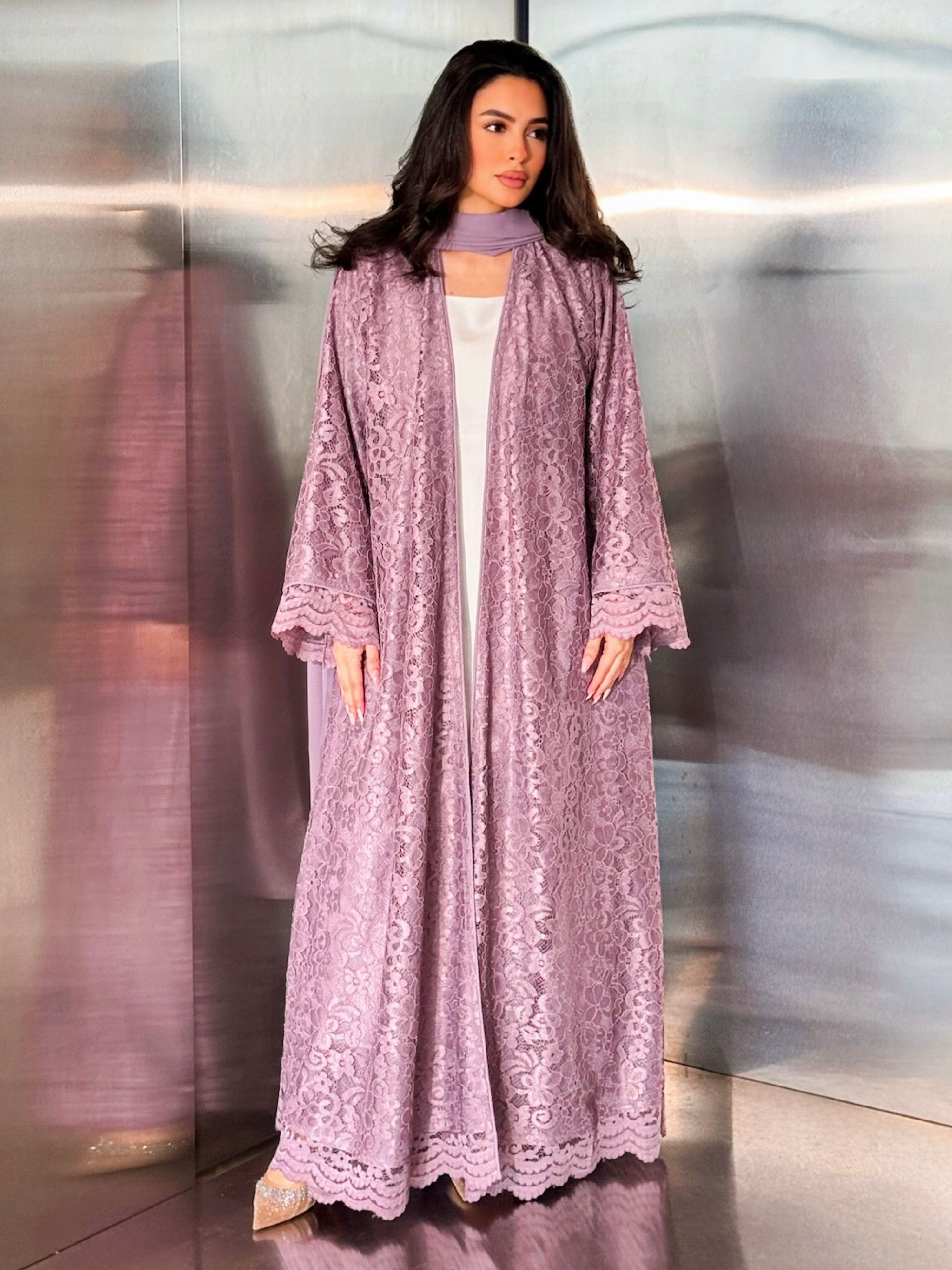 MEI718 - Purple Lace Abaya with Matching Headscarf
