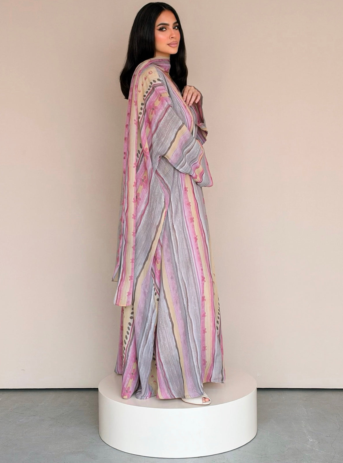 MEI785 - Floral & Stripes Print Half Bisht Abaya with Matching Headscarf