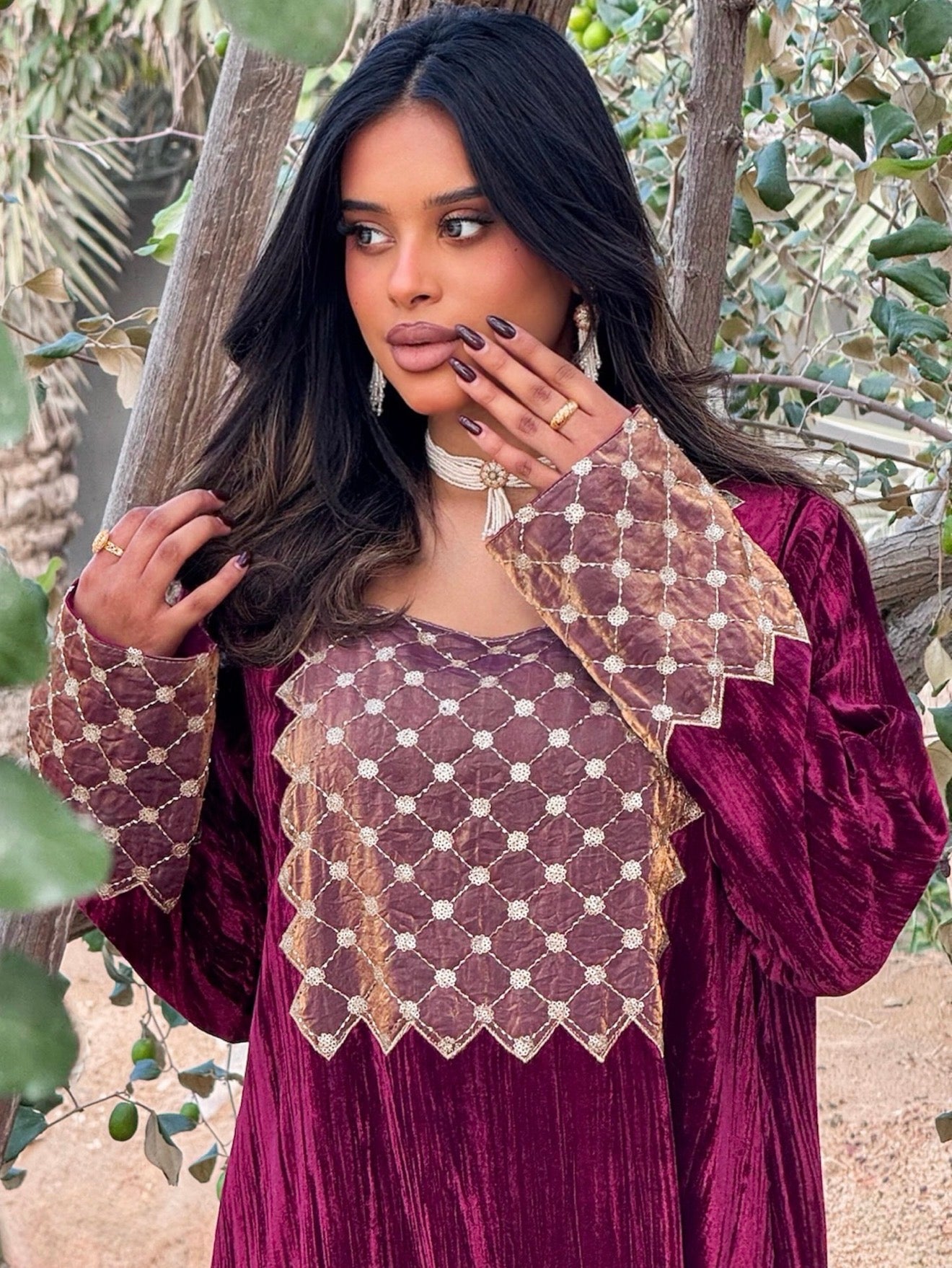 MEI671 - Burgundy Velvet & Embroidered Silk Jalabiya with Headscarf