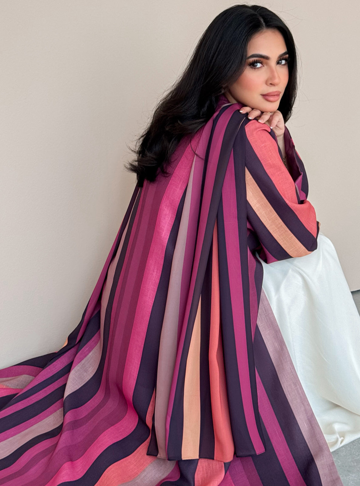 MEI764 - Striped A-Cut Linen Abaya with Matching Headscarf