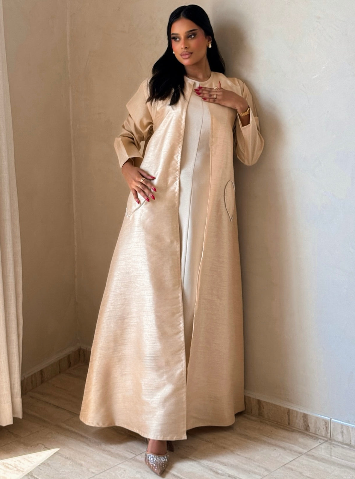 MEI725 - Beige A-Cut Taffeta & Crystals Abaya with Headscarf