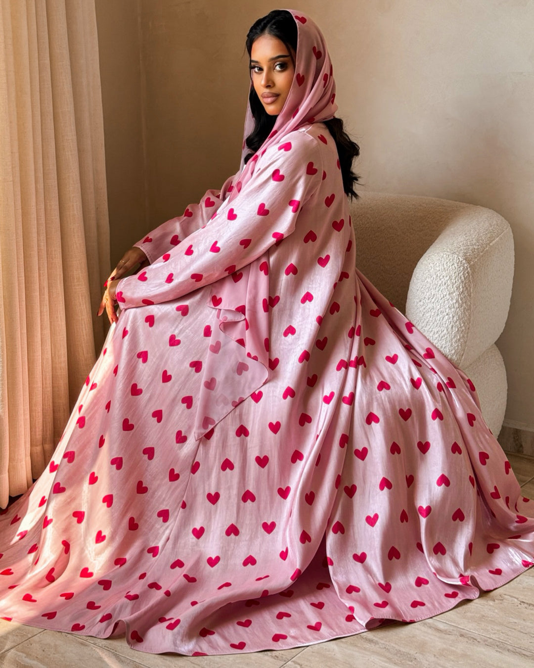 MEI722 - Pink & Red Hearts Organza Abaya 🩷❤️