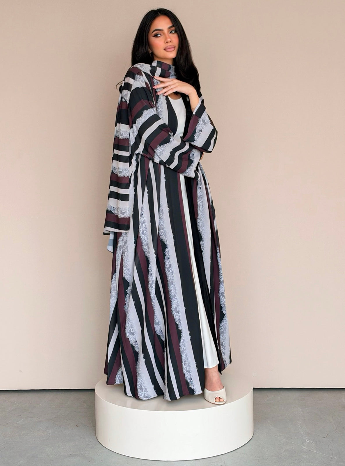 MEI783 - Stripes & Lace Print Half Bisht Abaya with Matching Headscarf