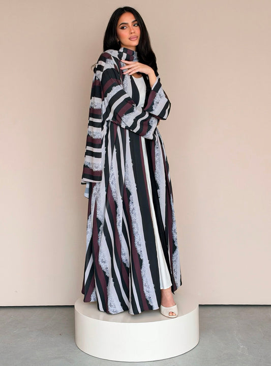 MEI783 - Stripes & Lace Print Half Bisht Abaya with Matching Headscarf