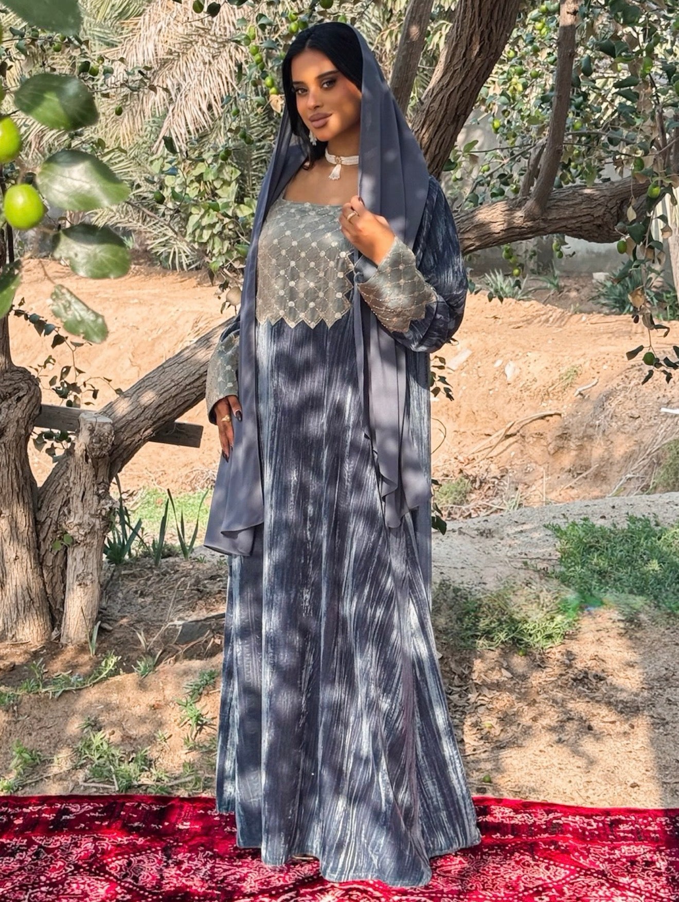 MEI668 - Grey Velvet & Embroidered Silk Jalabiya with Headscarf