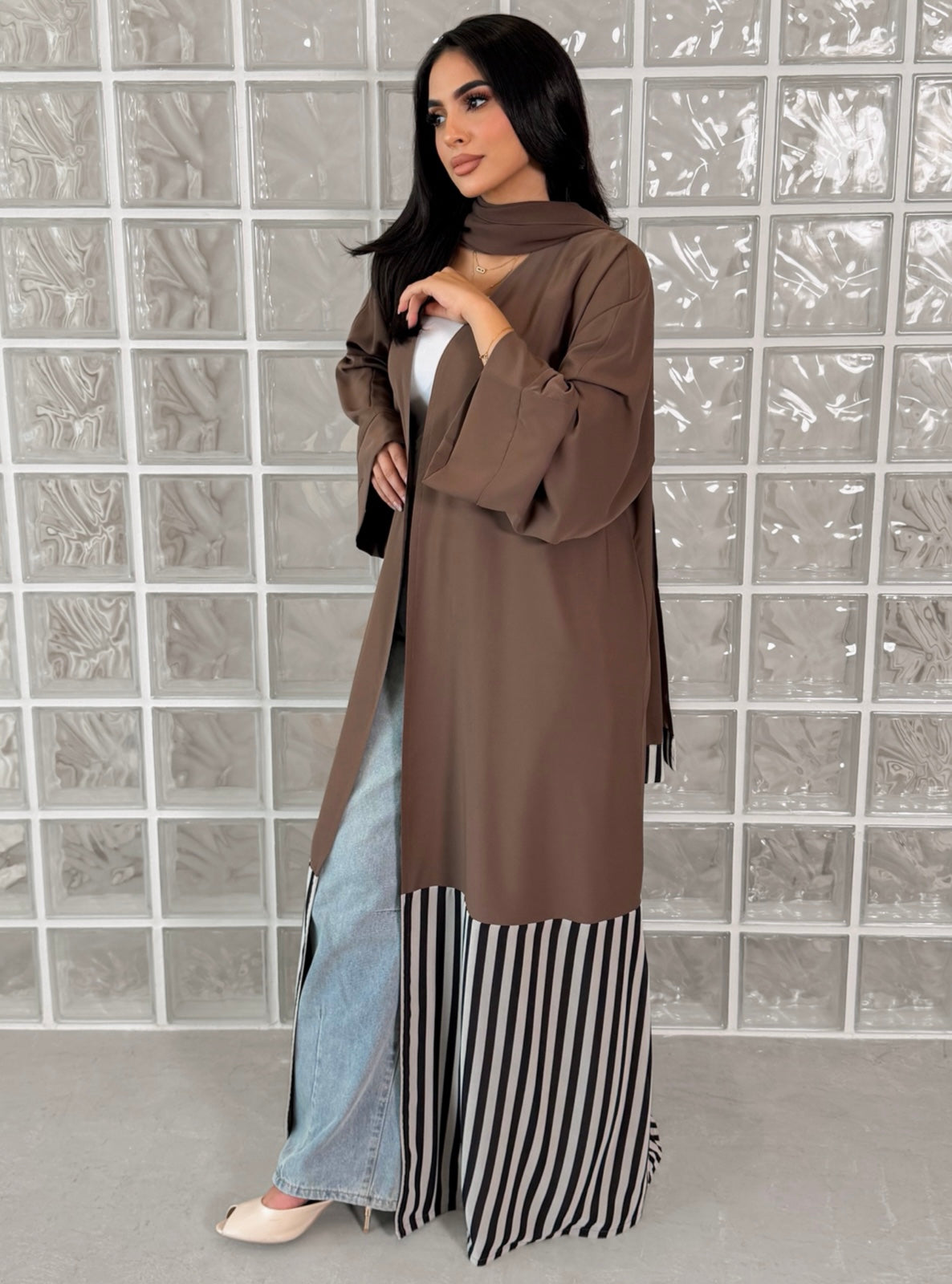 MEI760 - Linear Crepe Square Cut Abaya in Mocha Taupe