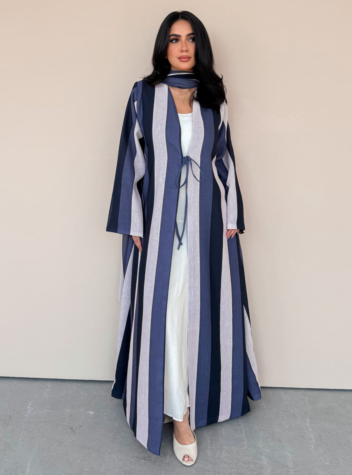 MEI765 - Striped A-Cut Linen Abaya with Matching Headscarf