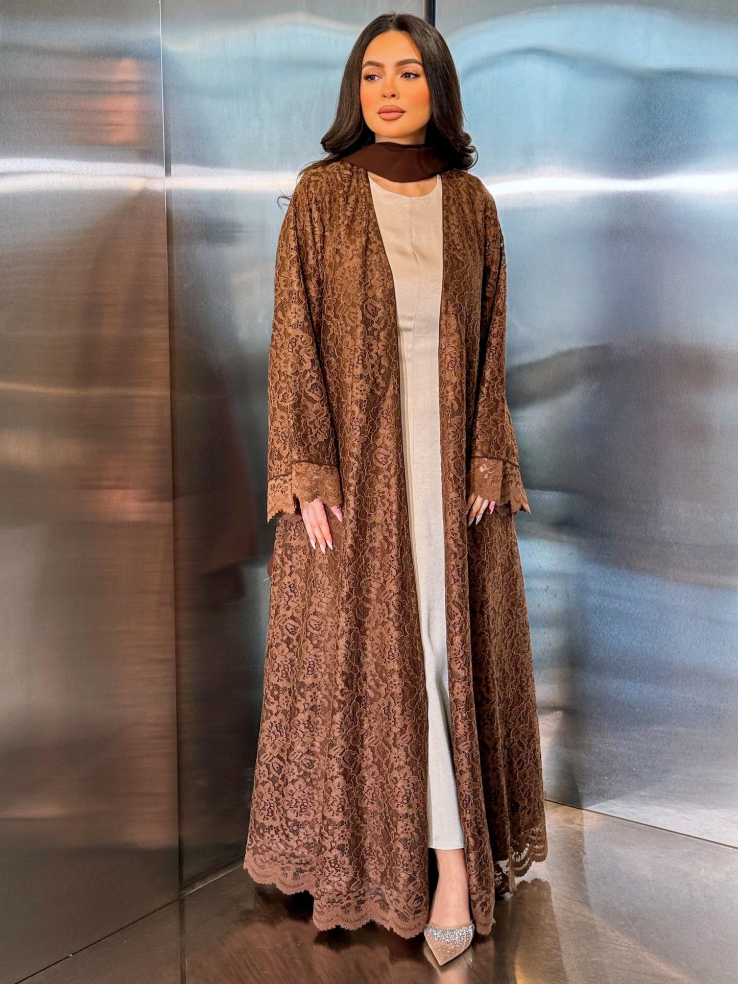 MEI713 - Brown Lace Abaya with Matching Headscarf