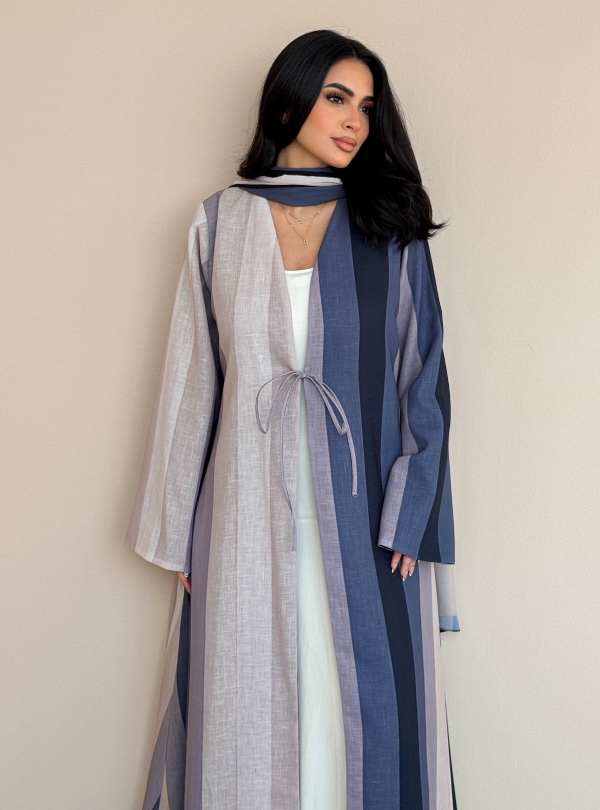 MEI761 - Striped A-Cut Linen Abaya with Matching Headscarf