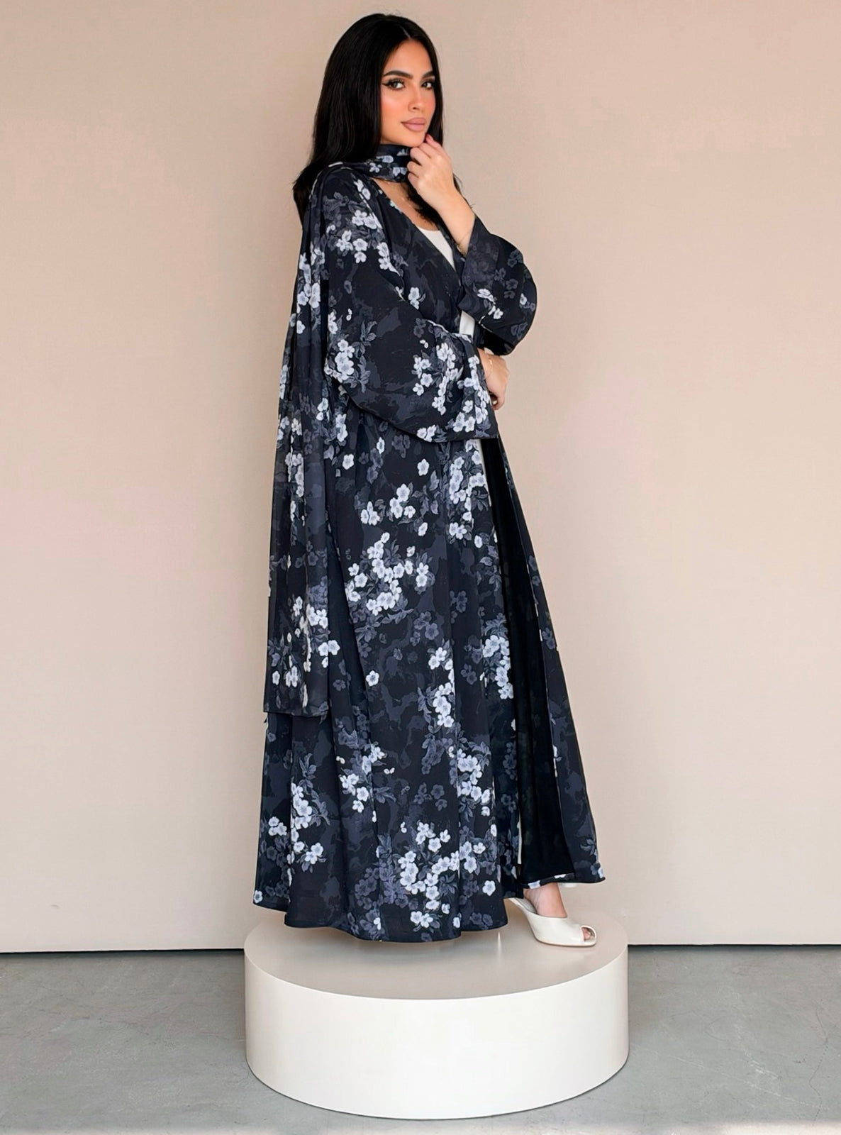 MEI777 - Floral Print Half Bisht Abaya with Matching Headscarf