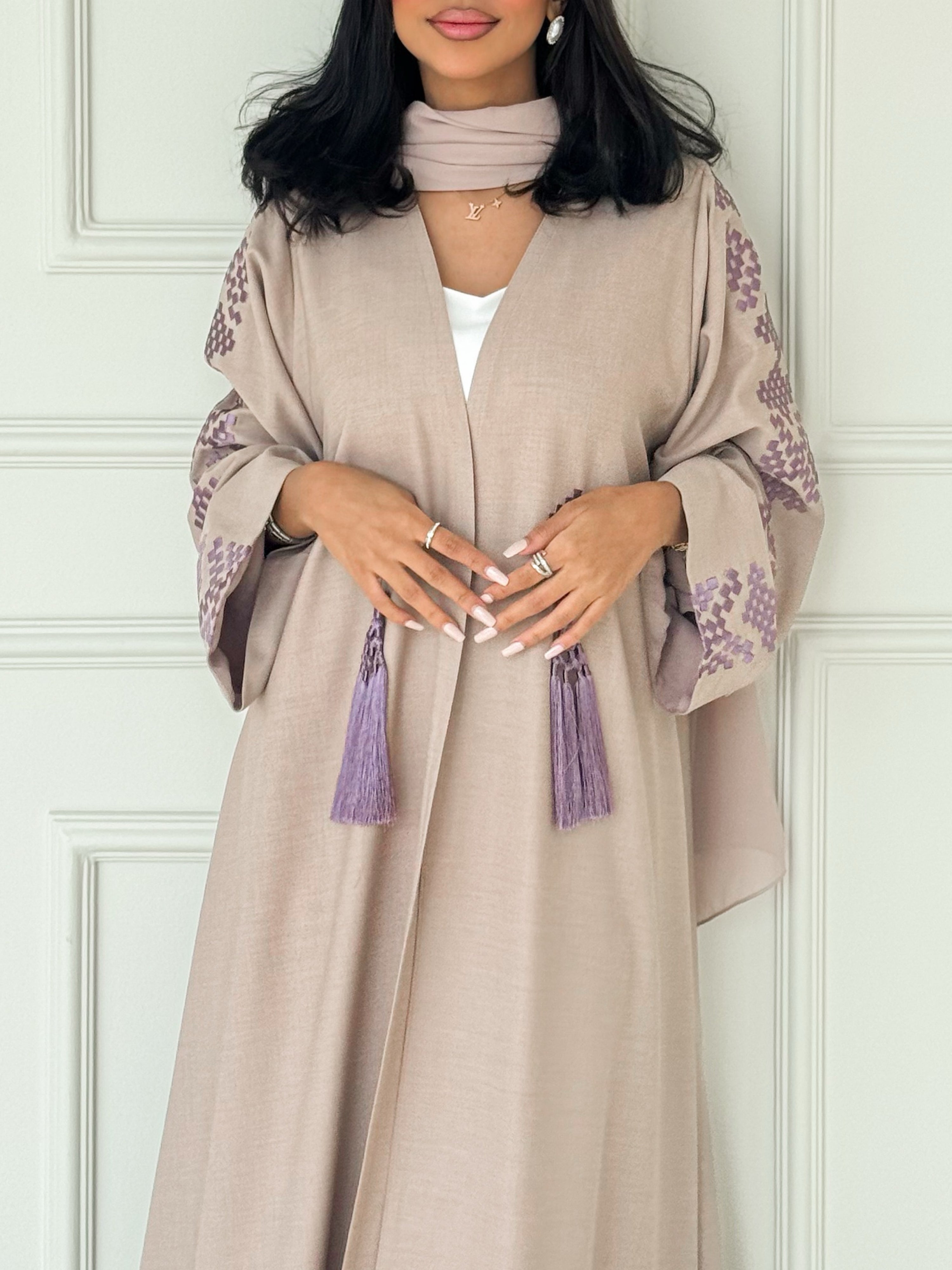 MEI620 - Nude Abaya with Lavender Embroidery