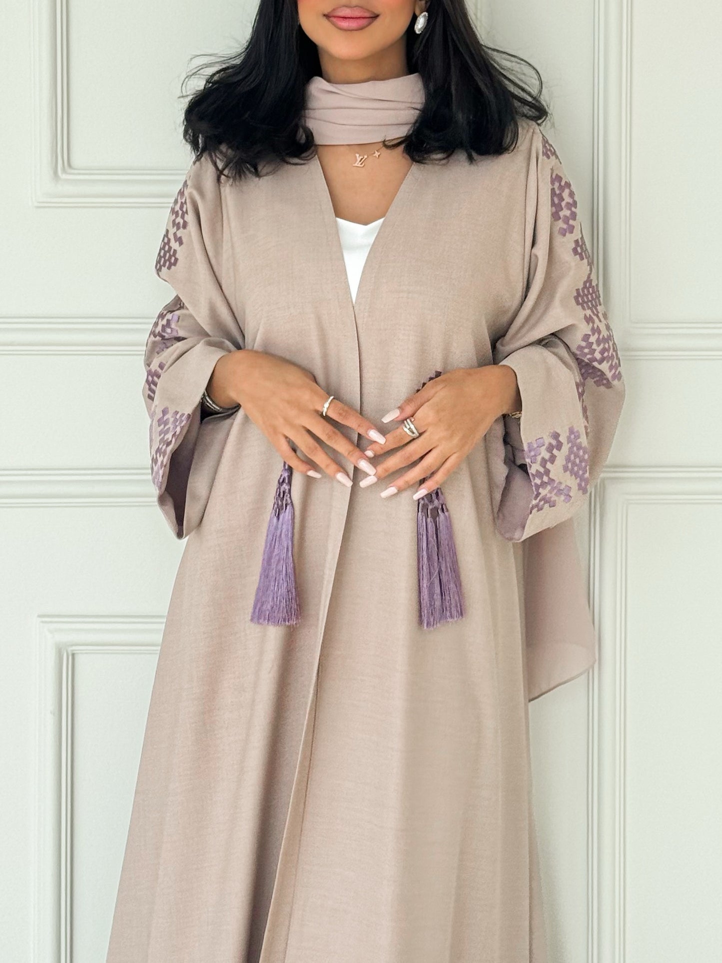 MEI620 - Nude Abaya with Lavender Embroidery