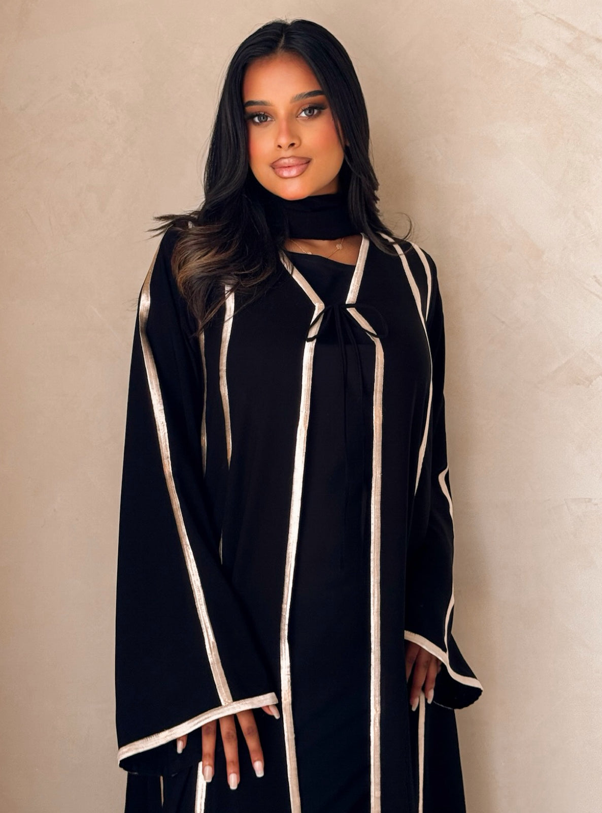 MEI735 - Black A-Cut Abaya with Cream Embroidery & Matching Headscarf