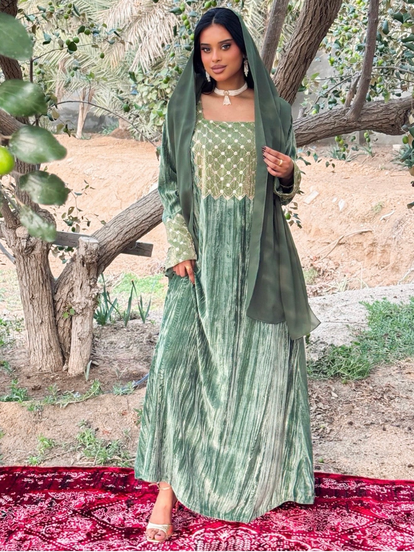 MEI669 - Green Velvet & Embroidered Silk Jalabiya with Headscarf
