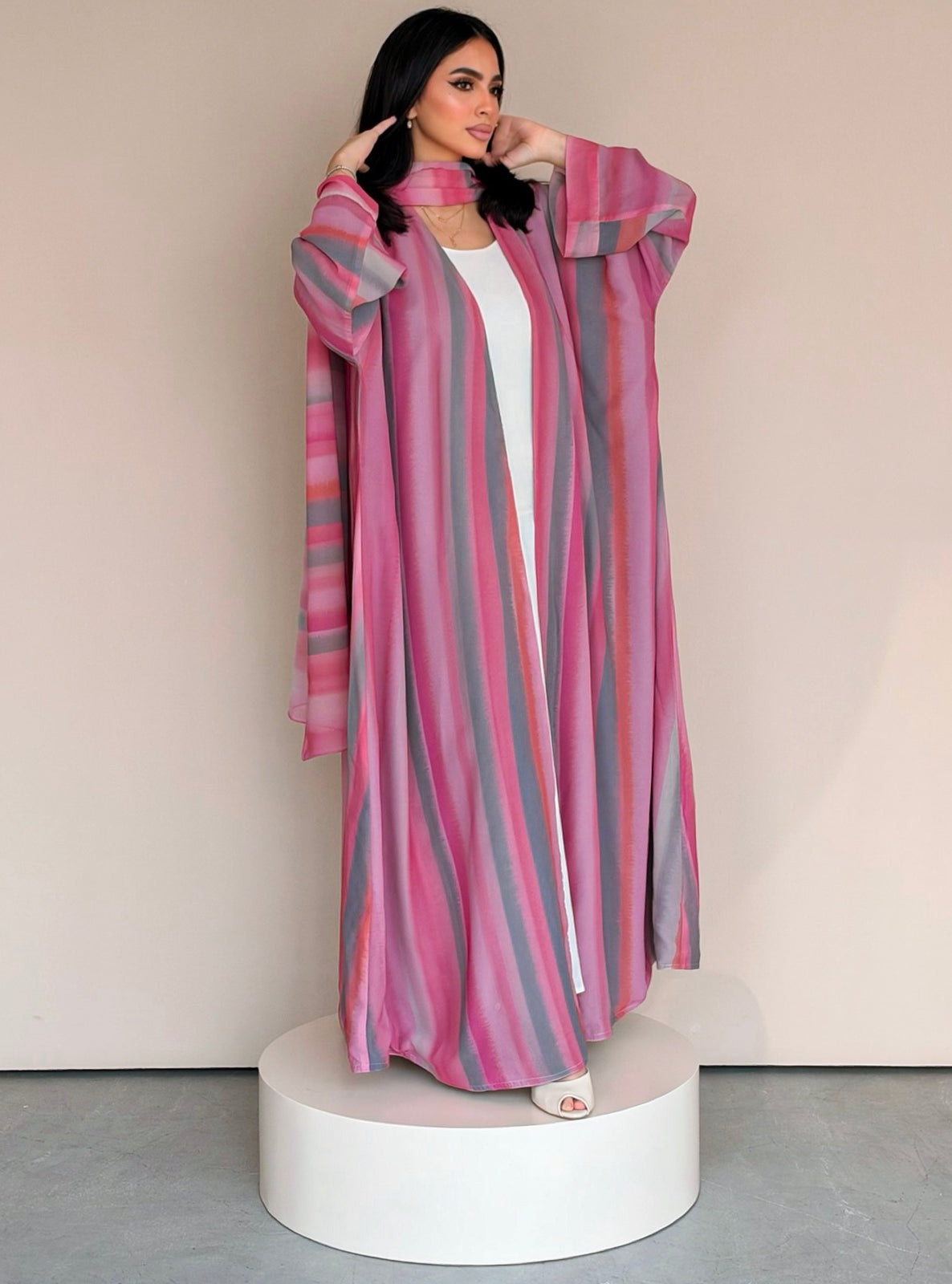MEI784 - Striped Print Half Bisht Abaya with Matching Headscarf