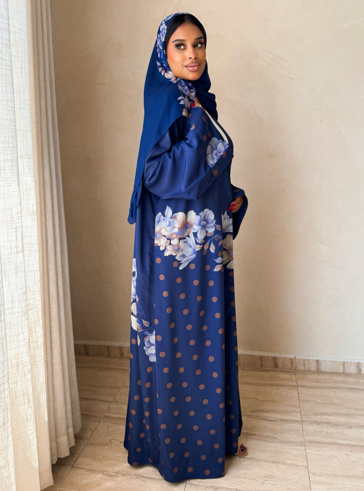 MEI740 - Sapphire Blue Half Bisht Polka Floral Abaya with Matching Headscarf