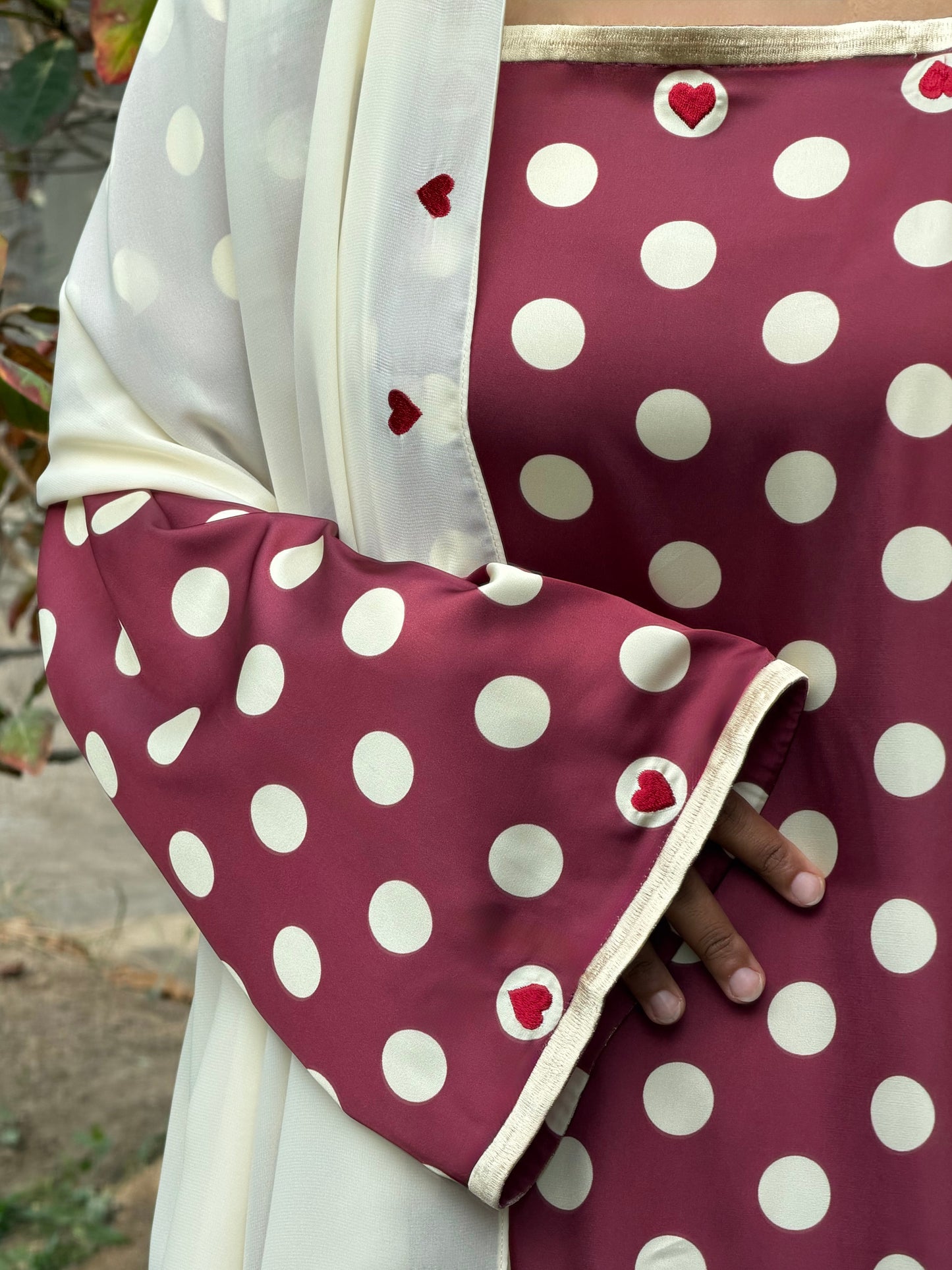 MEI693 - Maroon/Yellow Polka Dots & Hearts Embroidered Jalabiya with Headscarf