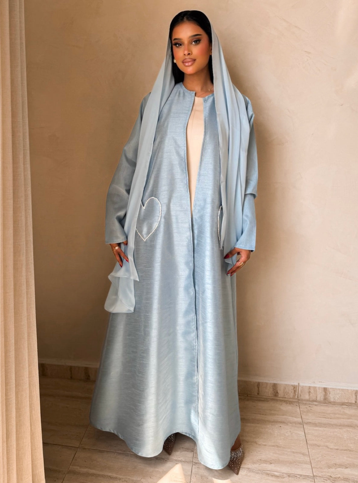 MEI726 - Light Blue A-Cut Taffeta & Crystals Abaya with Headscarf