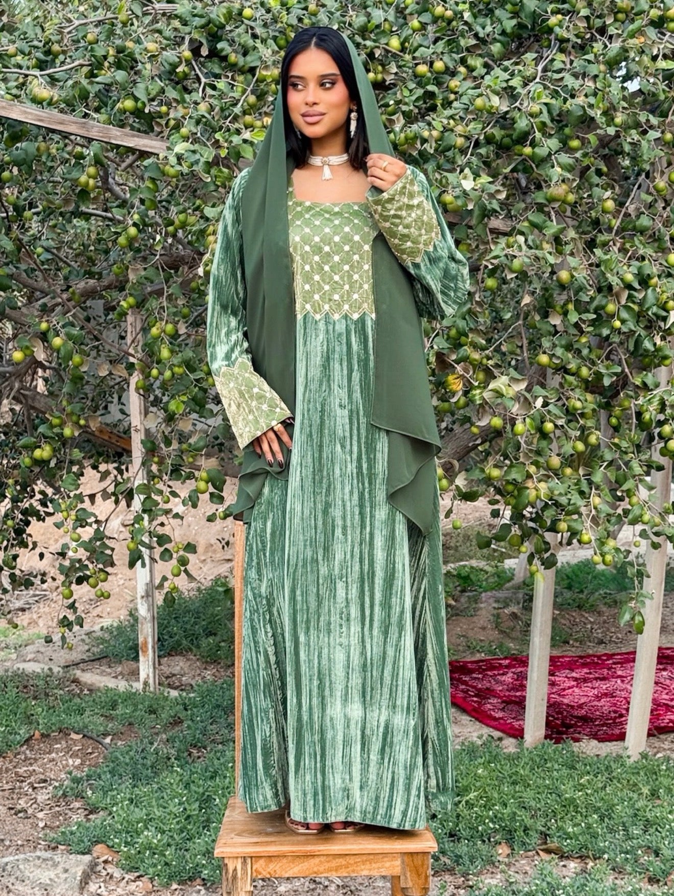 MEI669 - Green Velvet & Embroidered Silk Jalabiya with Headscarf