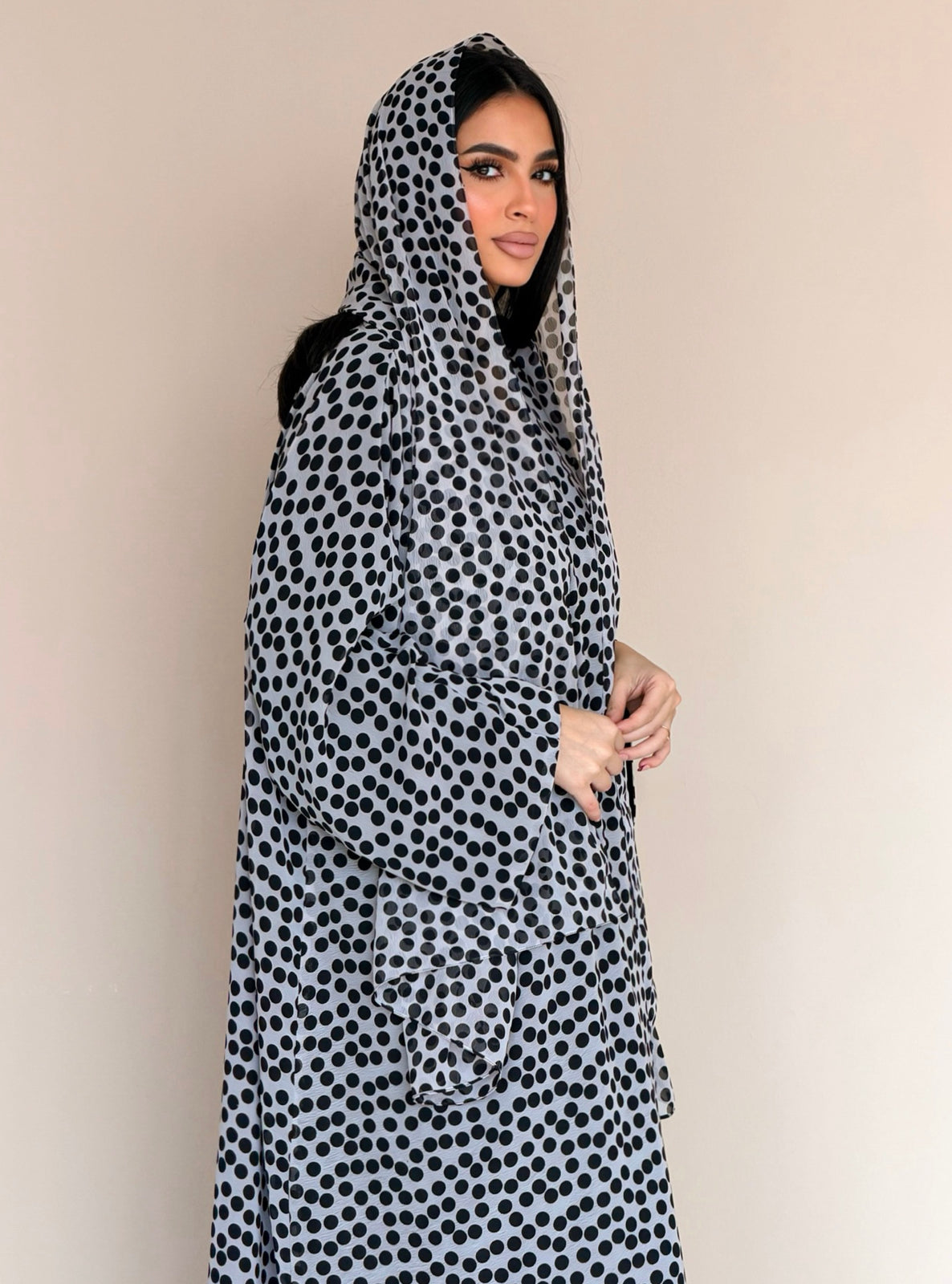 MEI780 - Polka Dots Half Bisht Abaya with Matching Headscarf