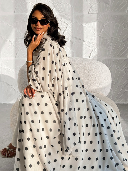 MEI613 - Polka Dots Abaya in Off White