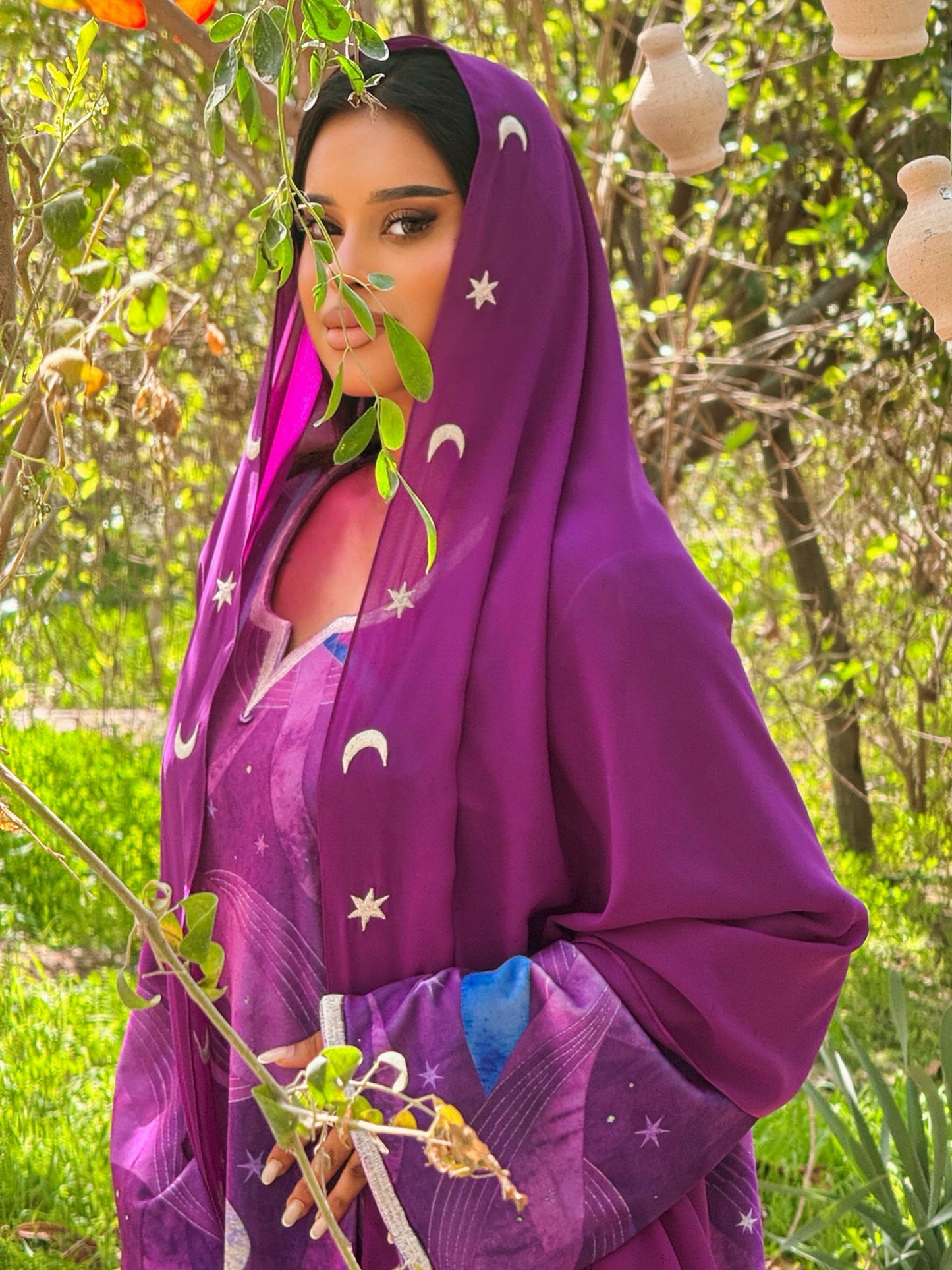 MEI708 - Purple Stars & Moon Embroidered Jalabiya with Headscarf