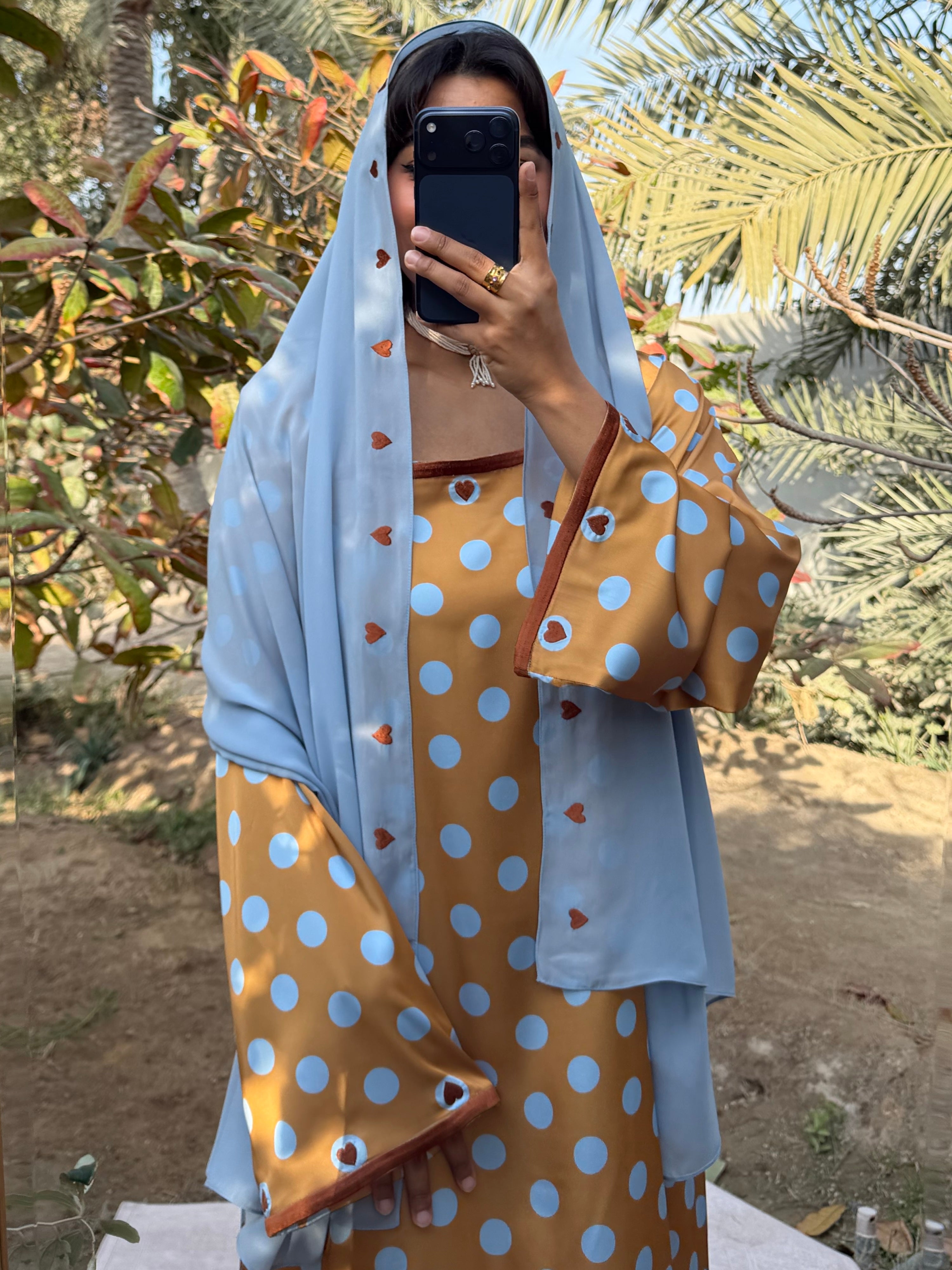 MEI691 - Gold/Baby Blue Polka Dots & Hearts Embroidered Jalabiya with Headscarf