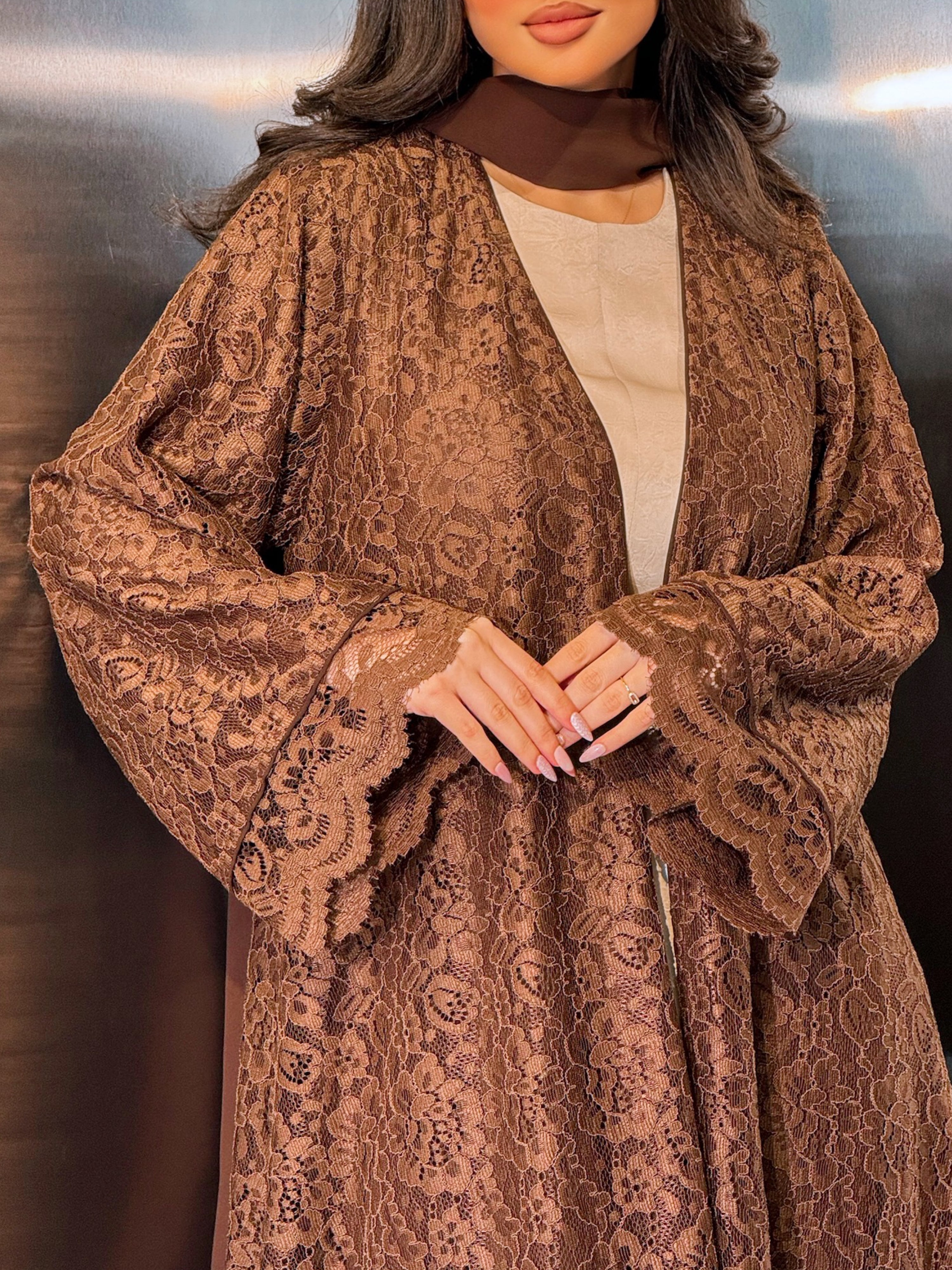 MEI713 - Brown Lace Abaya with Matching Headscarf