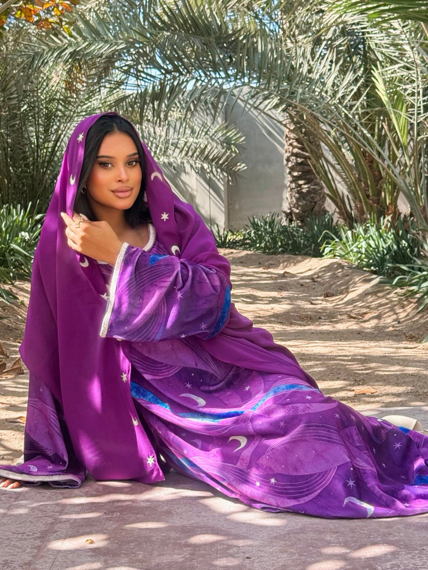 MEI708 - Purple Stars & Moon Embroidered Jalabiya with Headscarf