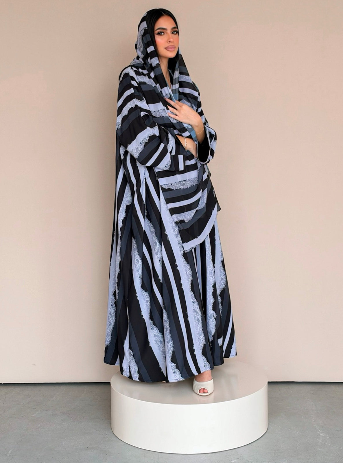 MEI782 - Stripes & Lace Print Half Bisht Abaya with Matching Headscarf