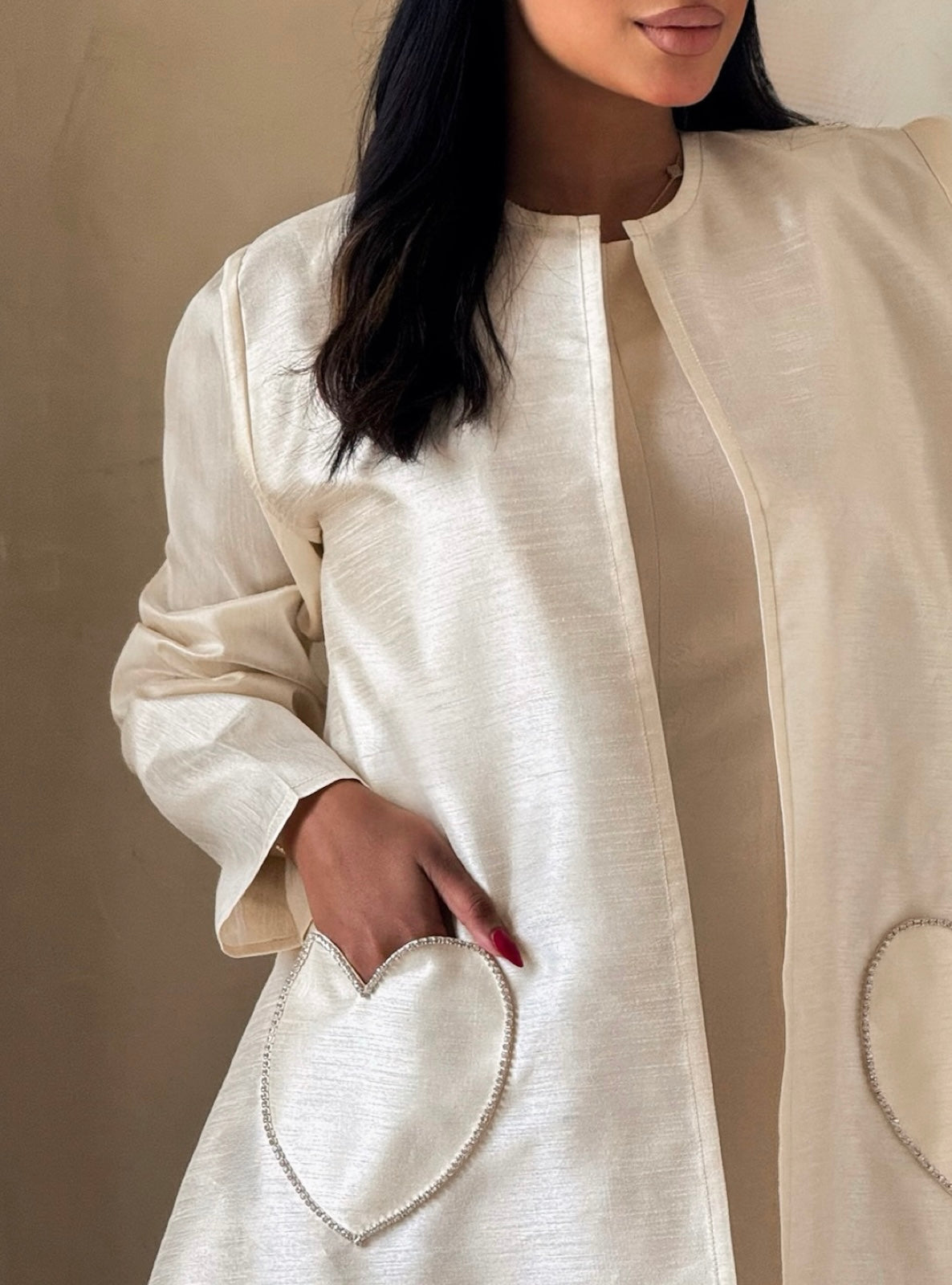 MEI729 - Off White A-Cut Taffeta & Crystals Abaya with Headscarf
