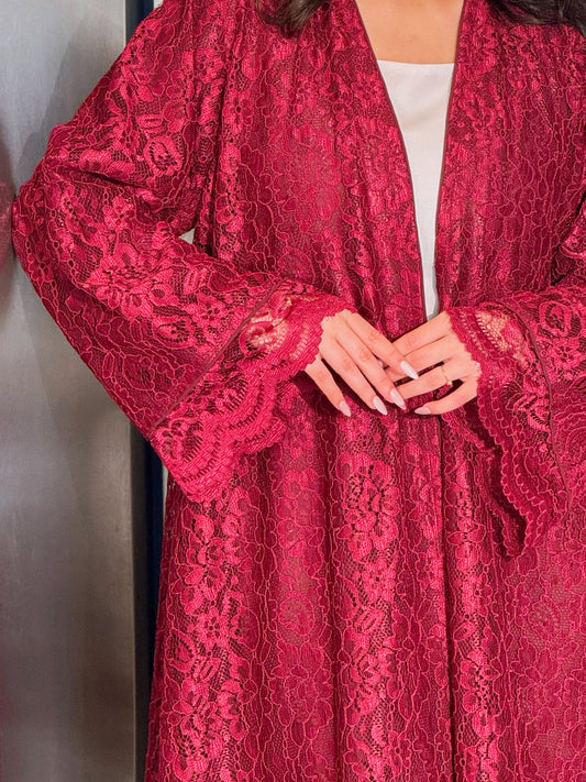 MEI717 - Maroon Lace Abaya with Matching Headscarf
