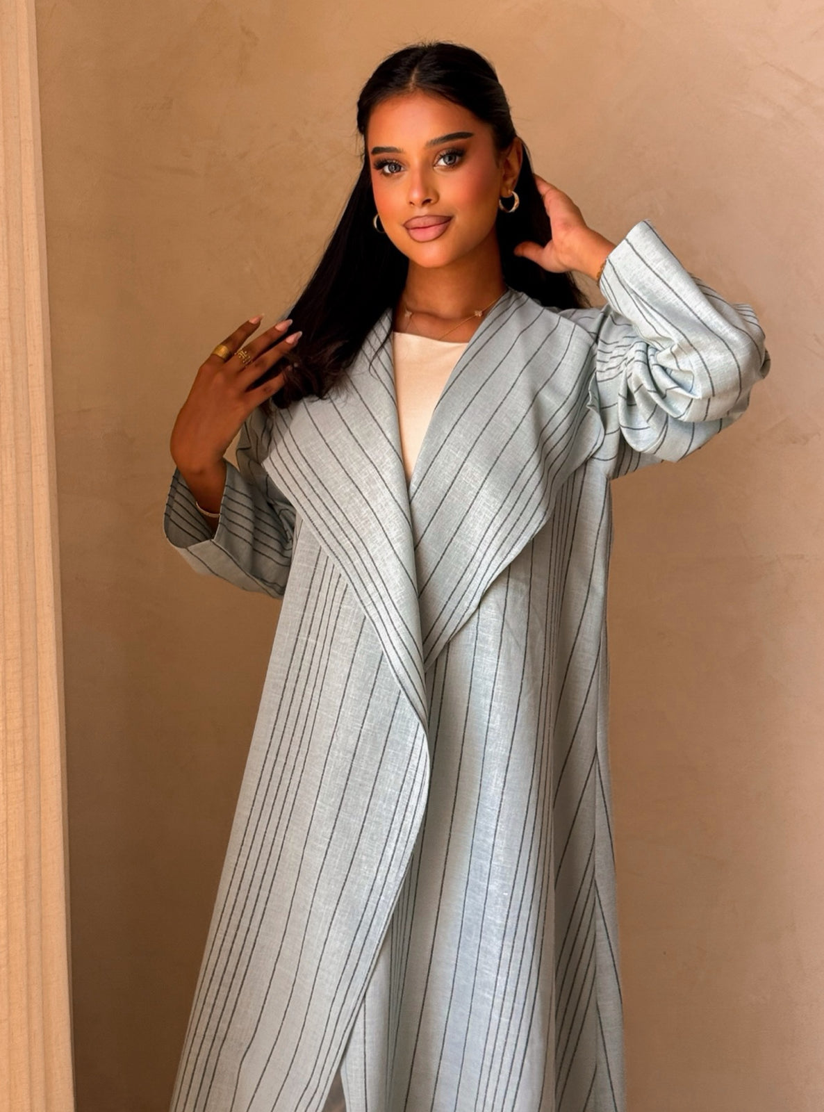 MEI750 - Light Teal A-Cut Linen Abaya with Matching Headscarf