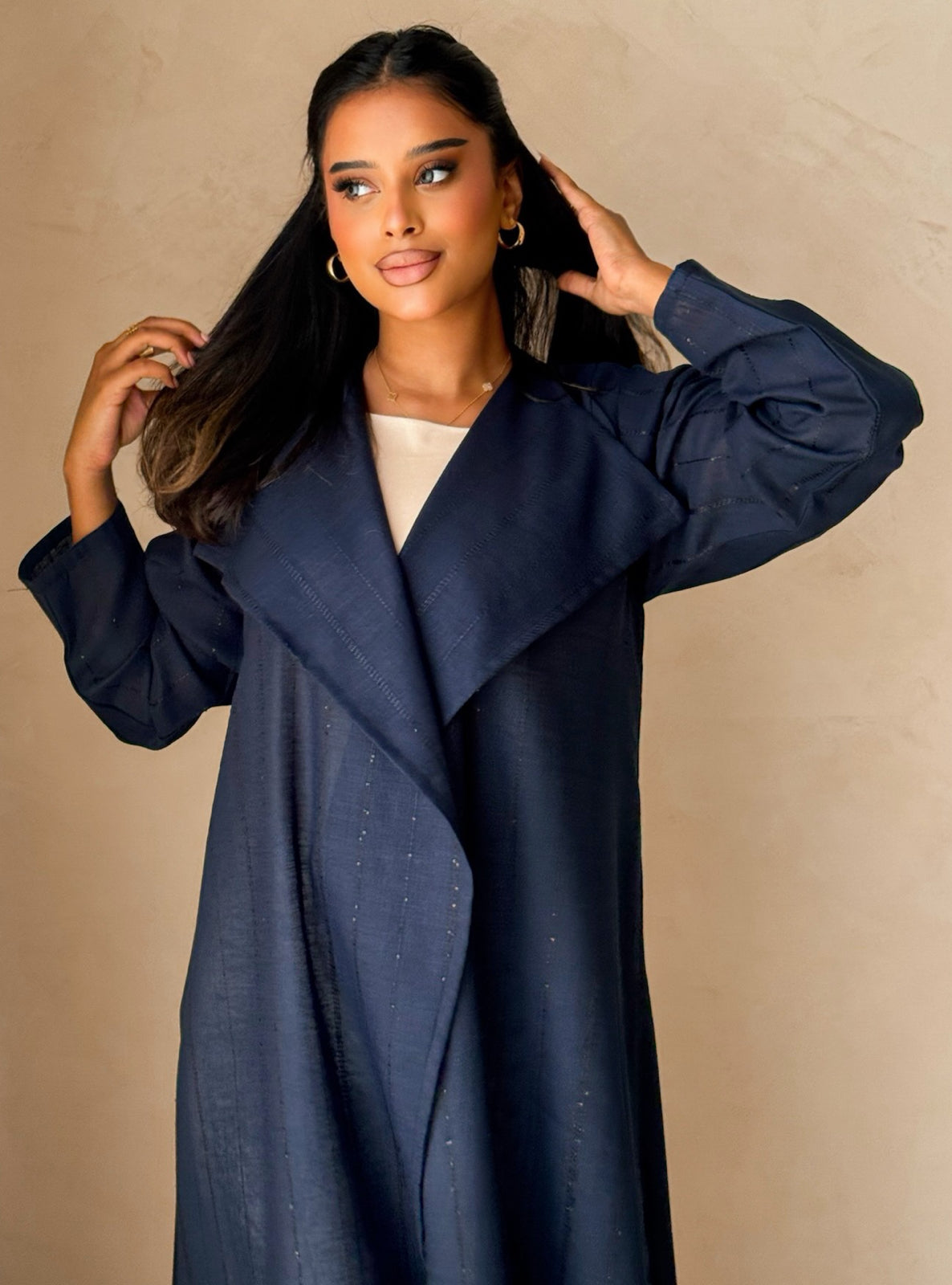MEI745 - Striped Deep Navy A-Cut Linen Abaya with Matching Headscarf