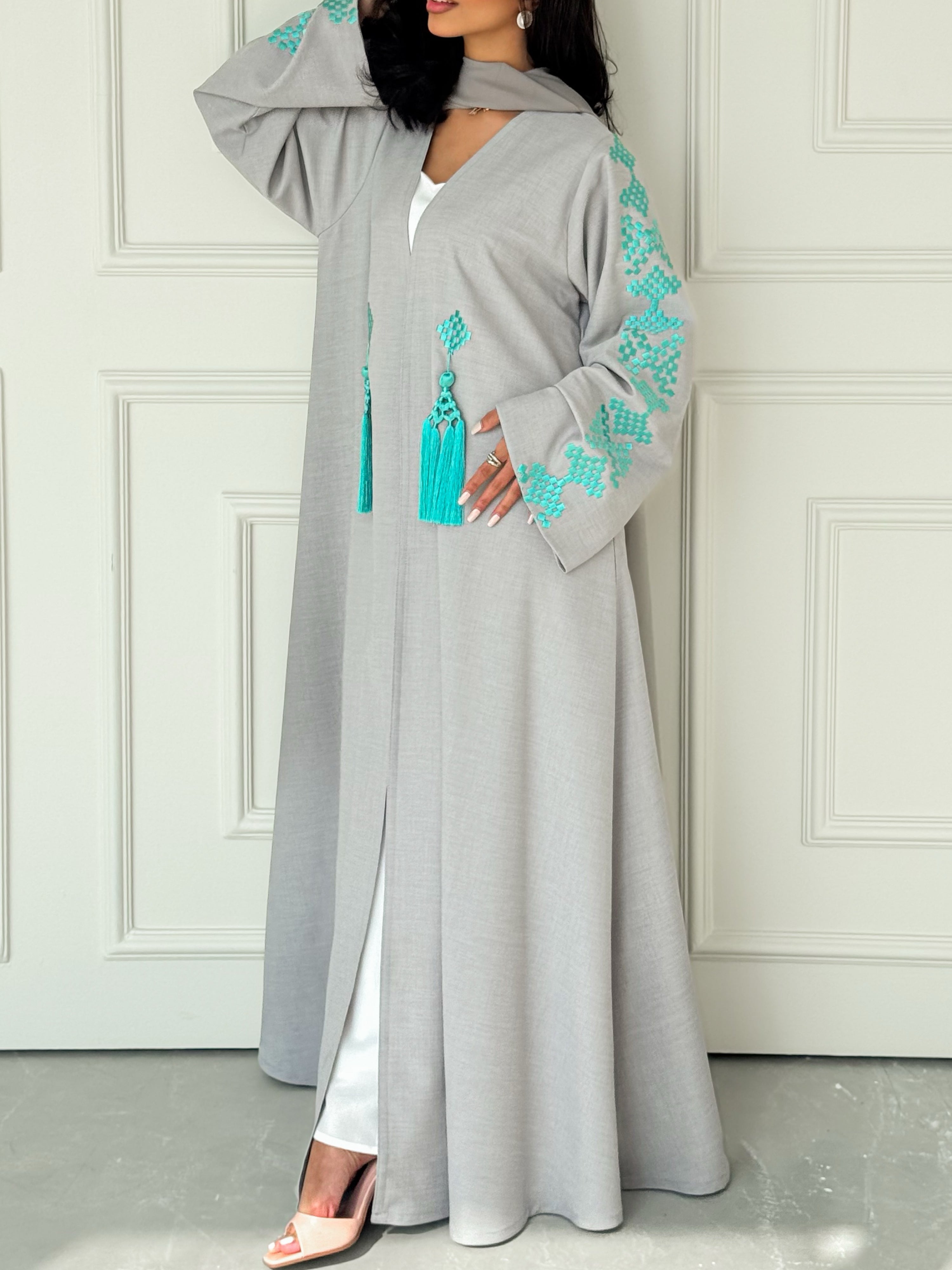 MEI619 - Grey Abaya with Turquoise Embroidery