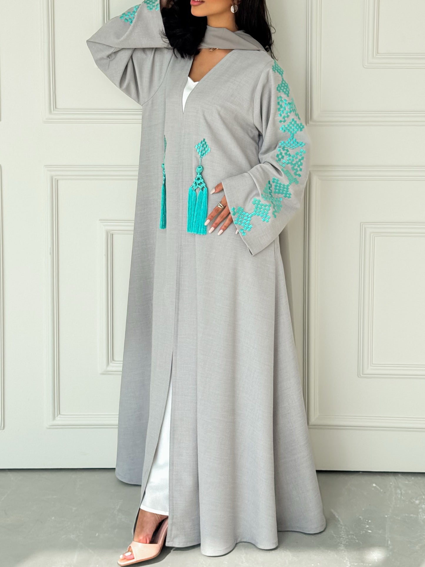 MEI619 - Grey Abaya with Turquoise Embroidery