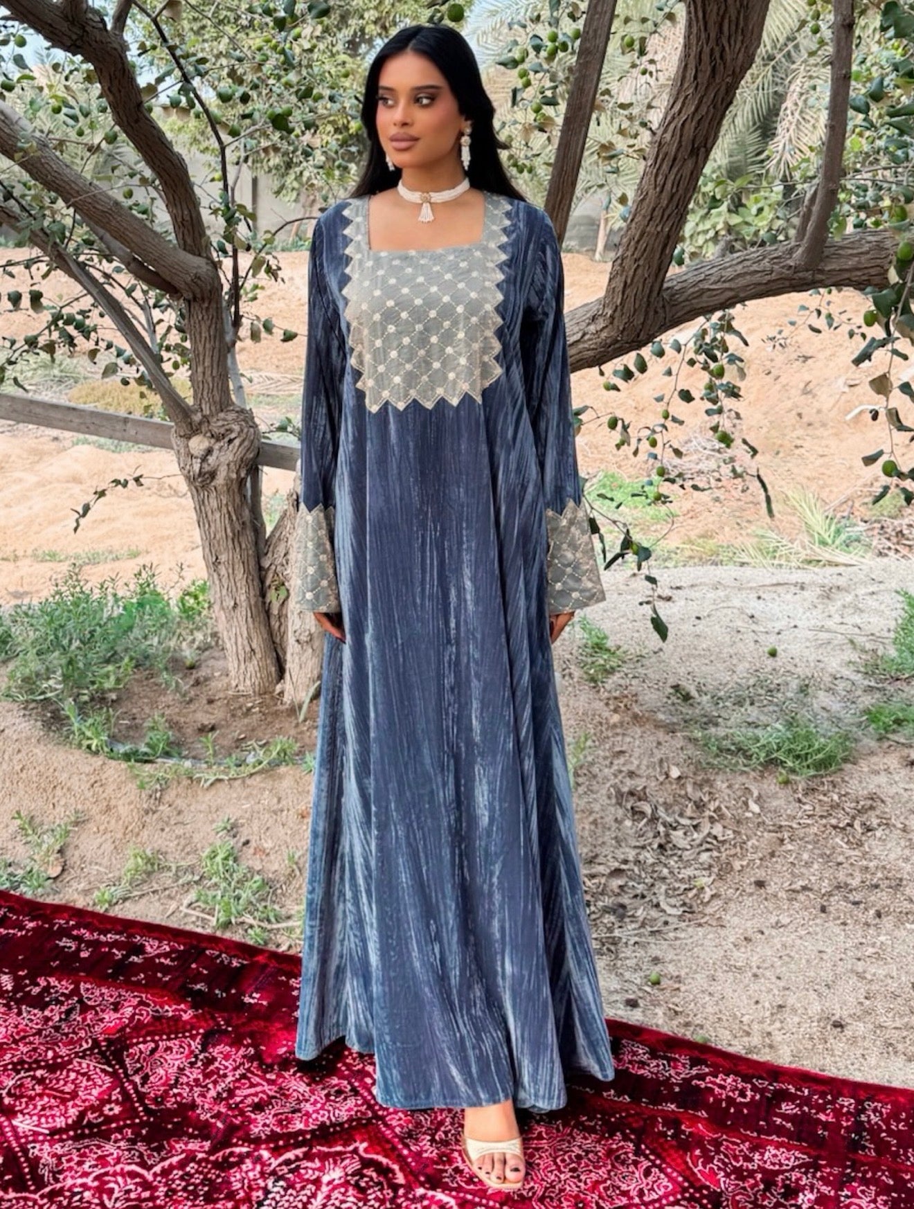 MEI668 - Grey Velvet & Embroidered Silk Jalabiya with Headscarf