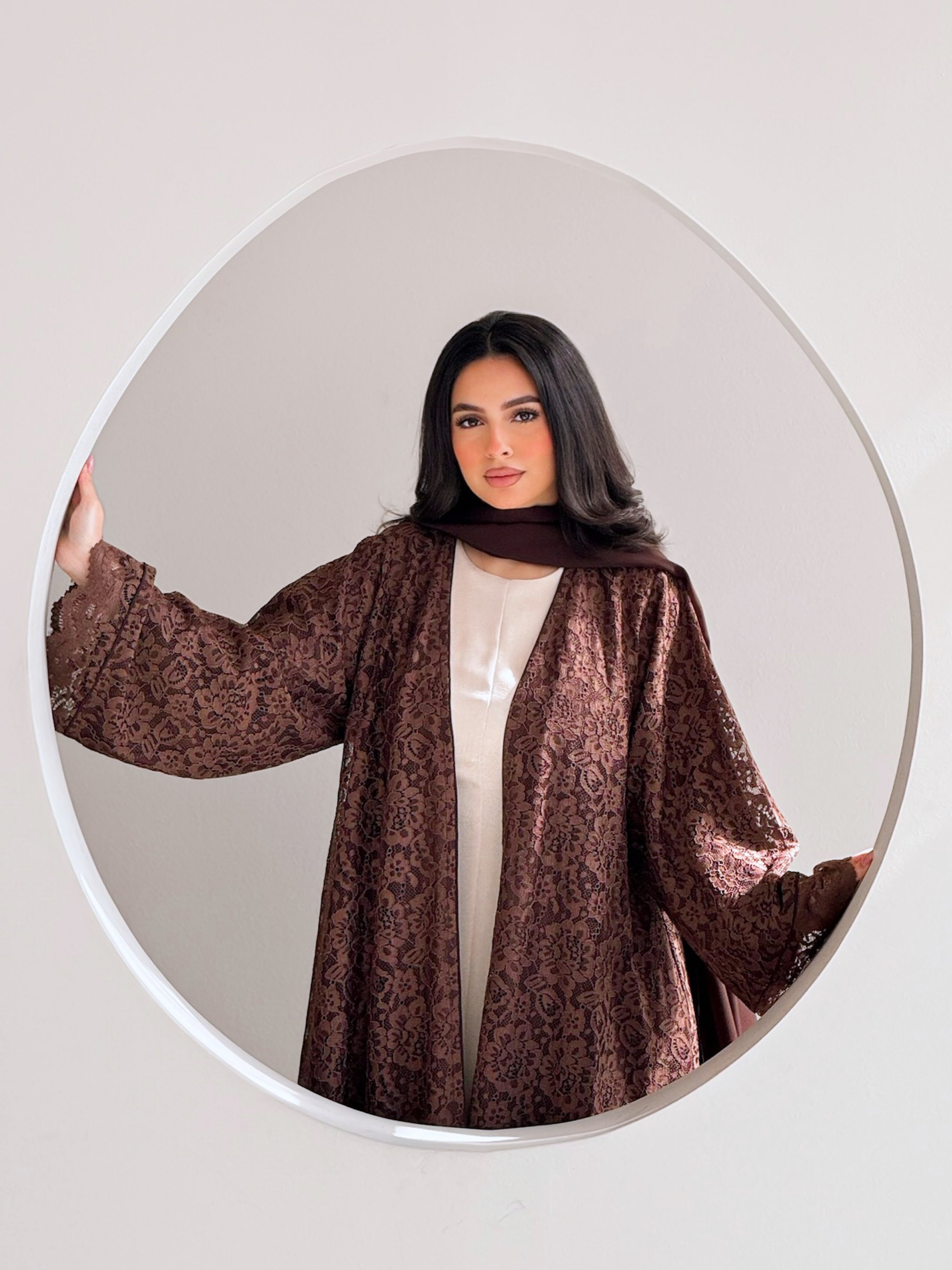MEI713 - Brown Lace Abaya with Matching Headscarf