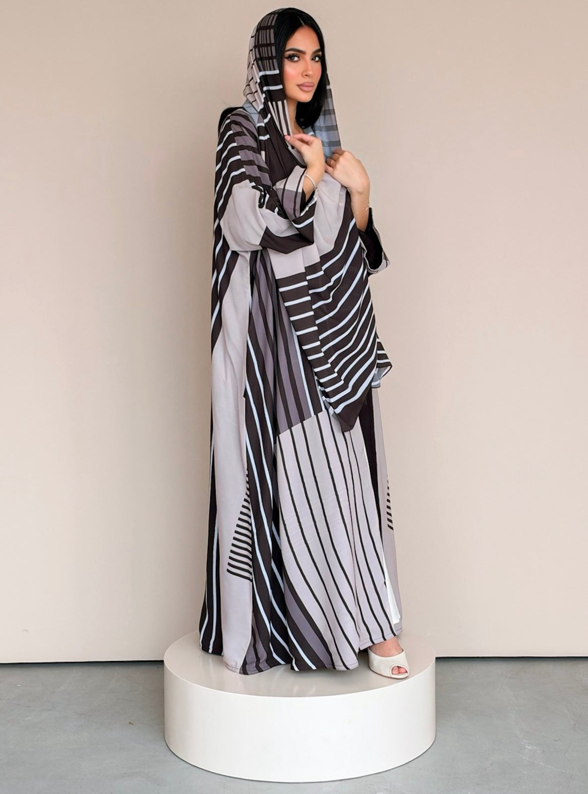 MEI788 - Stripes Print Half Bisht Abaya with Matching Headscarf