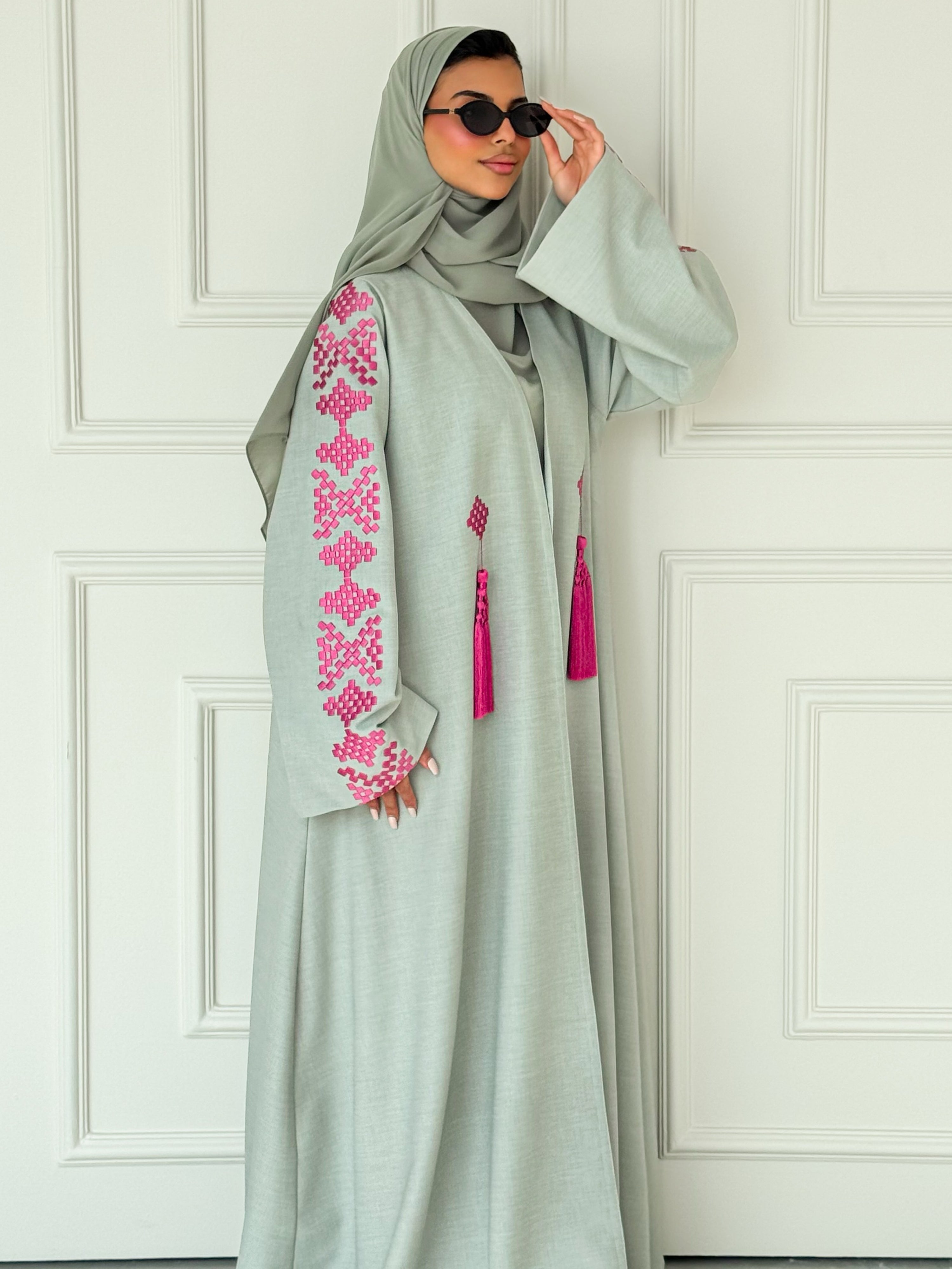MEI623 - Light Green Abaya with Pink Embroidery