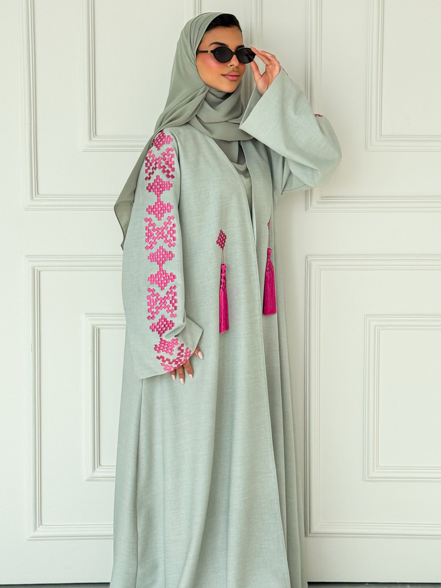 MEI623 - Light Green Abaya with Pink Embroidery
